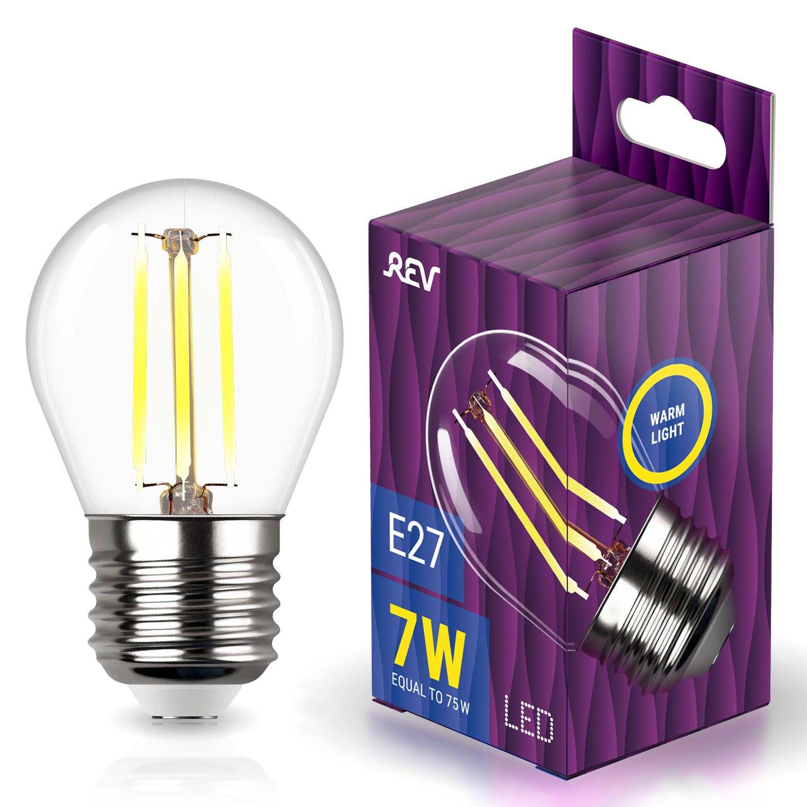 Лампа светодиодная REV 32443 0 LED FILAMENT шарик G45 E27 7W, 2700K, DECO Premium теплый свет
