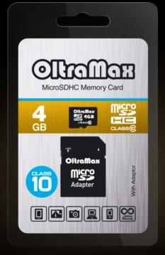 Карта памяти OLTRAMAX MicroSDHC 4GB Class10 + адаптер SD
