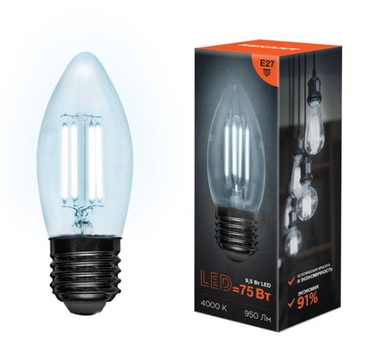 Лампа светодиодная REXANT (604-094) Свеча CN35 9.5 Вт 950 Лм 4000K E27 прозрачная колба