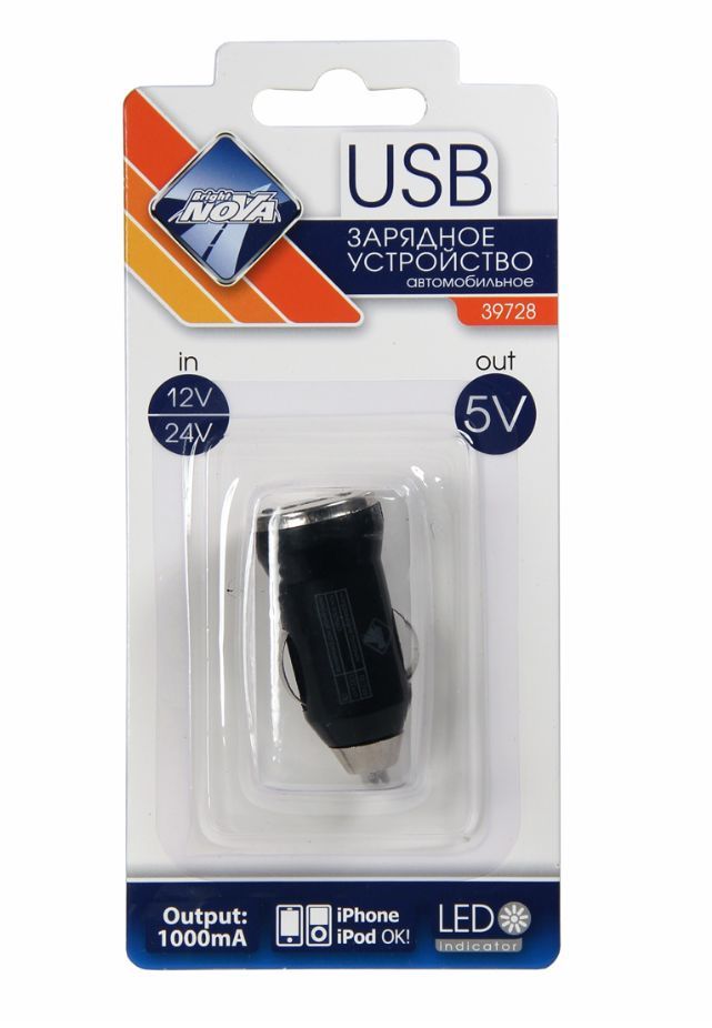 Автозарядка NOVA BRIGHT для моб.устройств, USB-порт, 1000мА, LED индикатор, 12/24В 39728