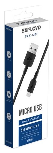 КАБЕЛЬ USB MICRO / MINI EXPLOYD EX-K-1387 Дата-кабель USB - microUSB 2.4A 0.25M круглый силикон чёрный