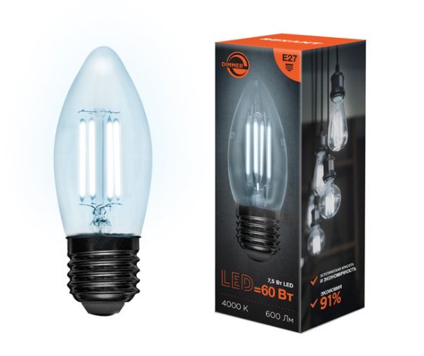 Лампа светодиодная REXANT (604-090) Свеча CN35 7.5 Вт 600 Лм 4000K E27 диммируемая, прозрачная колба