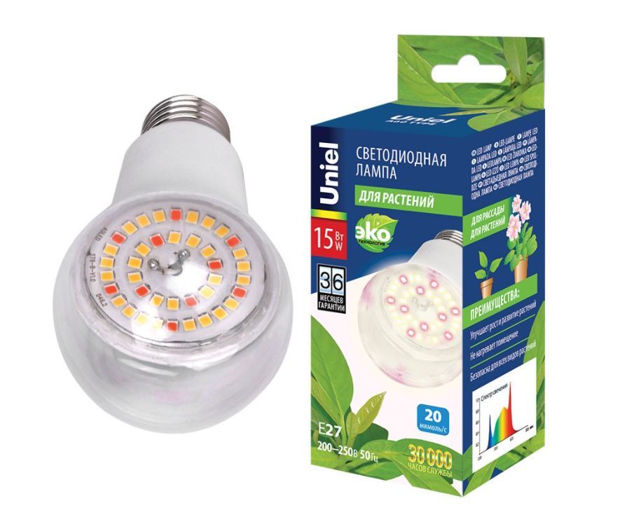 Фито-лампа UNIEL (UL-00007405) для растений LED-A60-15W/SPFB/E27/CL PLP30WH